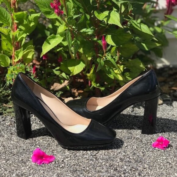 Prada Women's Patent Leather Pumps Heels Square Toe Slip On Stacked HeeI Black - Picture 5 of 16